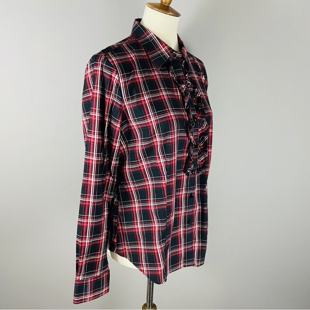 Talbots Ruffled, Plaid Button Down Blouse Size 14 - image 5